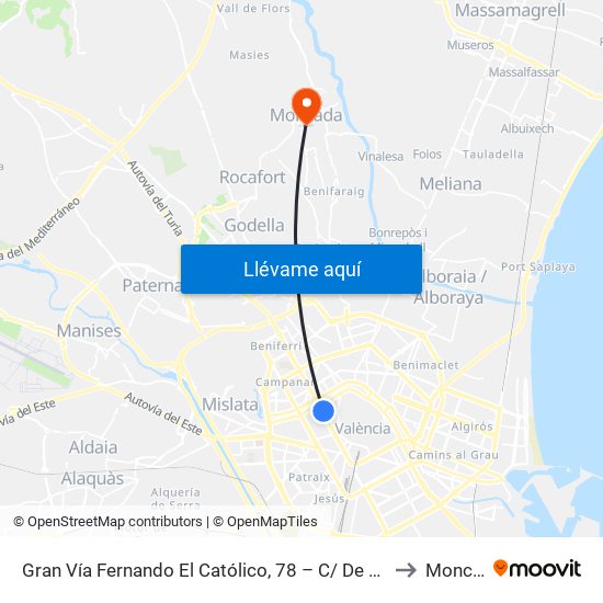 Gran Vía Fernando El Católico, 78 – C/ De Quart [València] to Moncada map