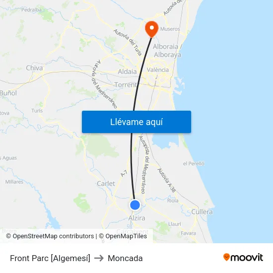 Front Parc [Algemesí] to Moncada map