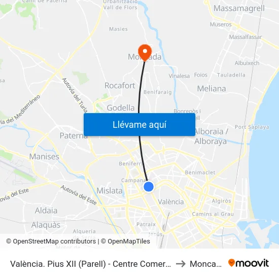 València. Pius XII (Parell) - Centre Comercial to Moncada map