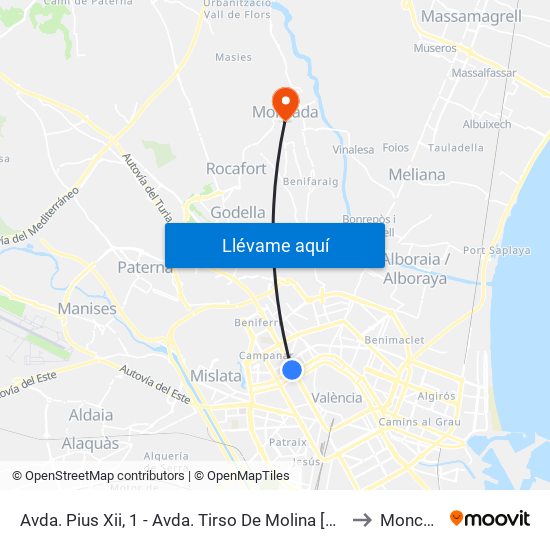 Avda. Pius Xii, 1 - Avda. Tirso De Molina [València] to Moncada map