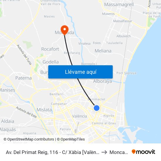 Av. Del Primat Reig, 116 - C/ Xàbia [València] to Moncada map