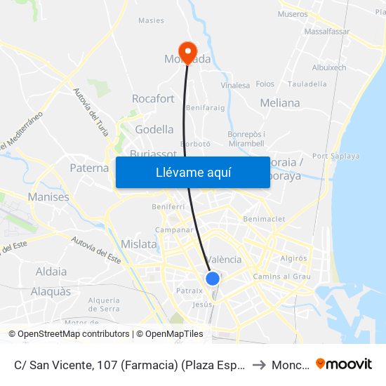 C/ San Vicente, 107 (Farmacia) (Plaza España) [València] to Moncada map
