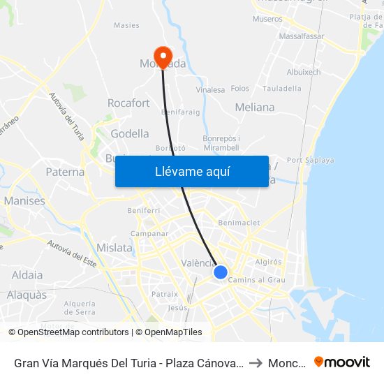 Gran Vía Marqués Del Turia - Plaza Cánovas  [València] to Moncada map