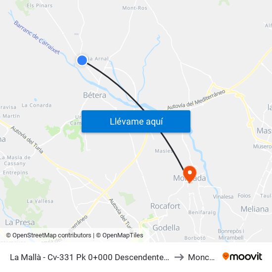 La Mallà - Cv-331 Pk 0+000 Descendente [Bétera] to Moncada map