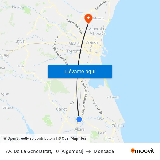 Av. De La Generalitat, 10 [Algemesí] to Moncada map