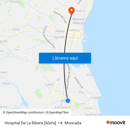Hospital De La Ribera [Alzira] to Moncada map