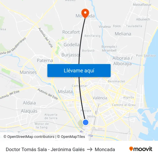 Doctor Tomás Sala - Jerónima Galés to Moncada map