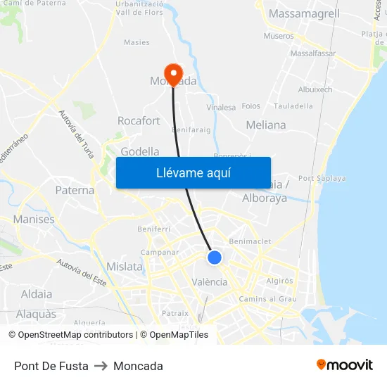 Pont De Fusta to Moncada map