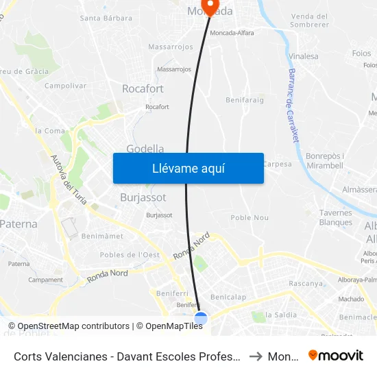Corts Valencianes - Davant Escoles Professionals Sant Josep to Moncada map