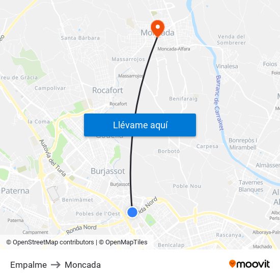 Empalme to Moncada map