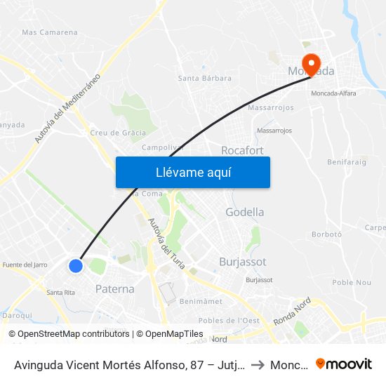 Avinguda Vicent Mortés Alfonso, 87 – Jutjats [Paterna] to Moncada map