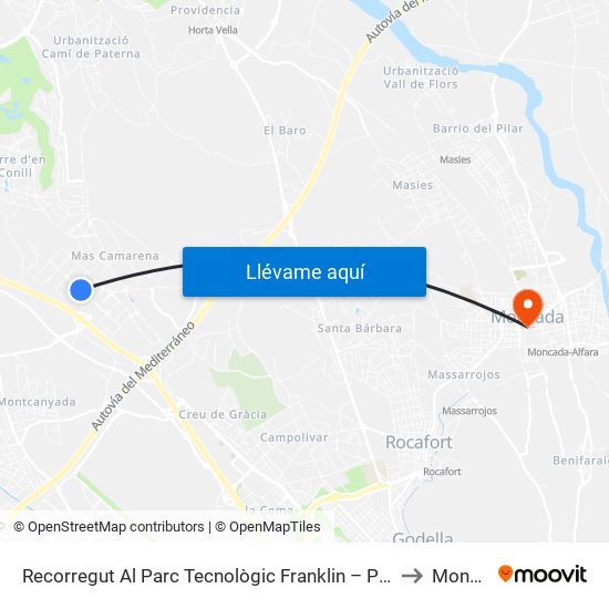 Recorregut Al Parc Tecnològic Franklin – Preuniv. II [Paterna] to Moncada map