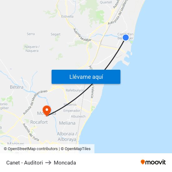 Canet - Auditori to Moncada map