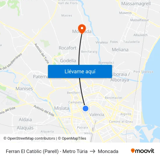 València. Ferran El Catòlic (Parell) - Metro Túria to Moncada map