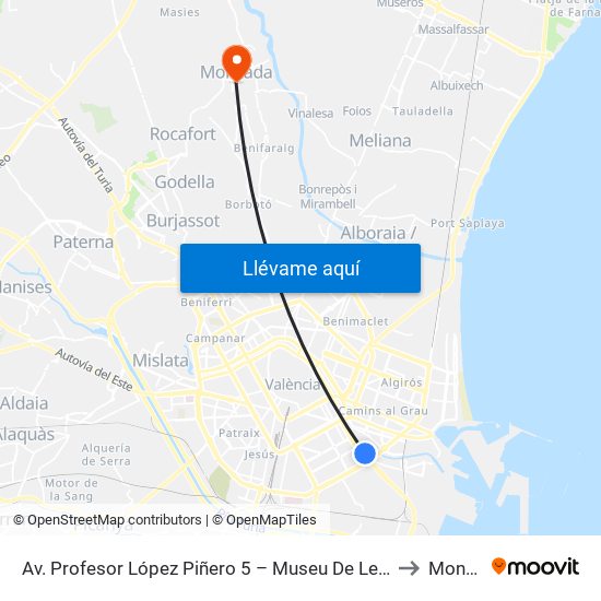 Av. Profesor López Piñero 5 – Museu De Les Ciències [València] to Moncada map