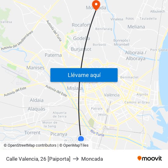 Calle Valencia, 26 [Paiporta] to Moncada map