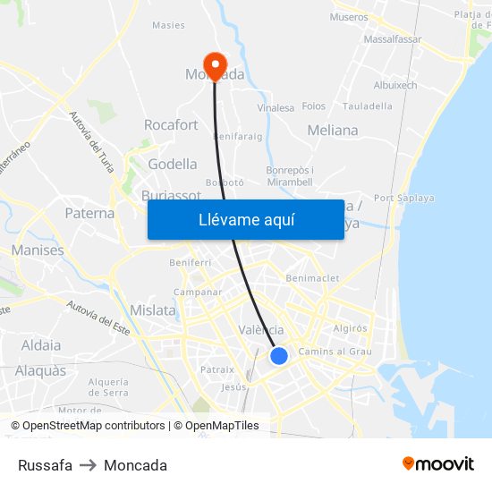 Russafa to Moncada map