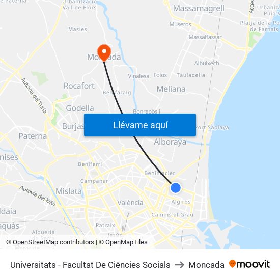 Universitats - Facultat De Ciències Socials to Moncada map