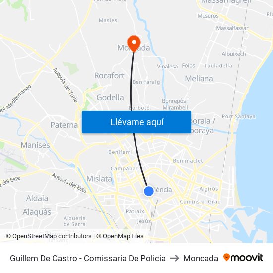 Guillem De Castro - Comissaria De Policia to Moncada map