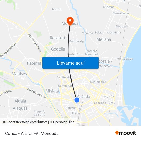 Conca - Alzira to Moncada map
