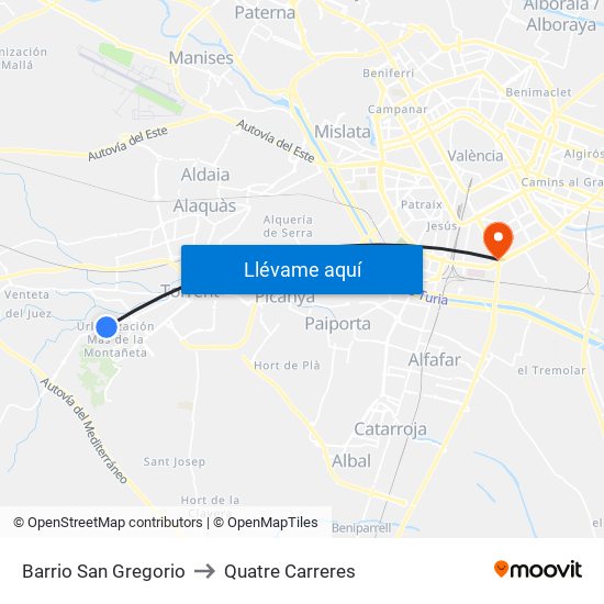 Barrio San Gregorio to Quatre Carreres map