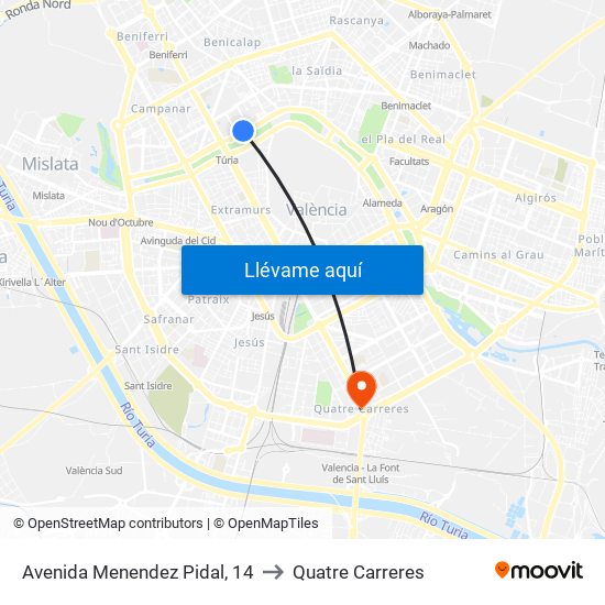 Avenida Menendez Pidal, 14 to Quatre Carreres map