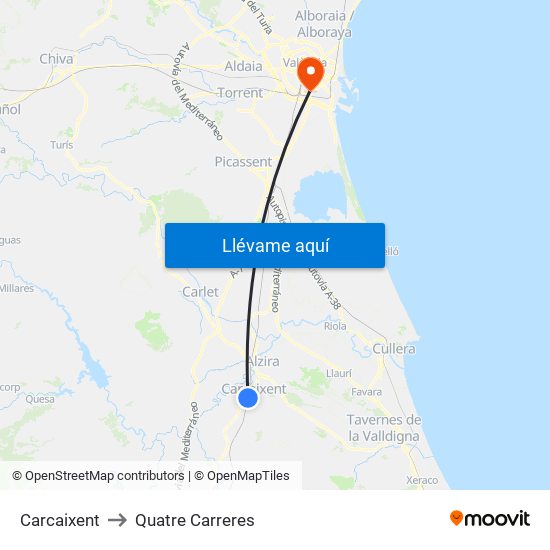 Carcaixent to Quatre Carreres map