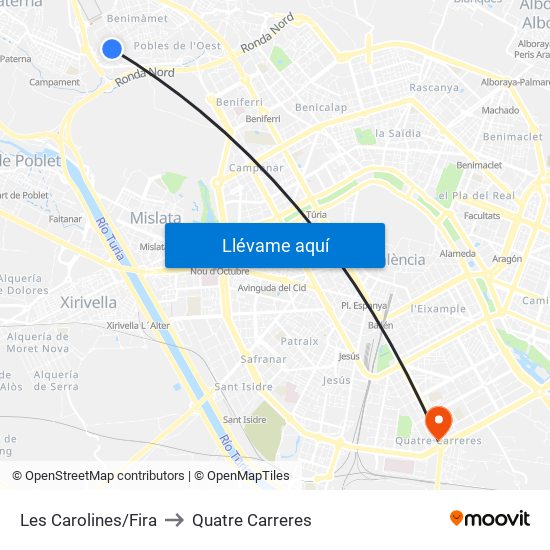 Les Carolines/Fira to Quatre Carreres map