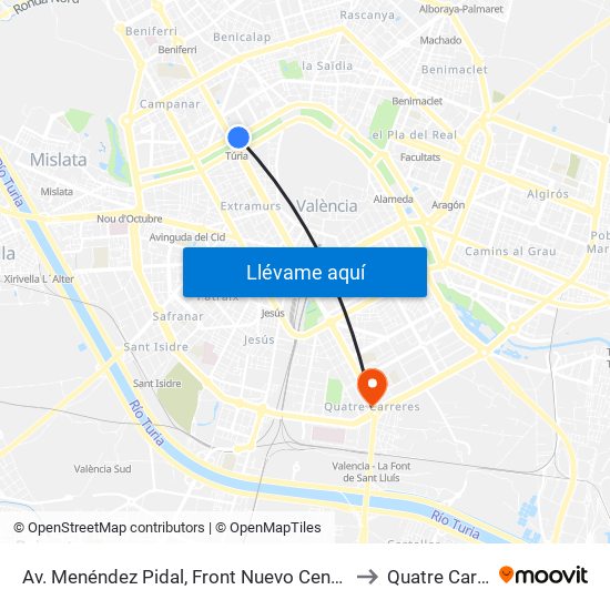 Av. Menéndez Pidal, Front Nuevo Centro [València] to Quatre Carreres map