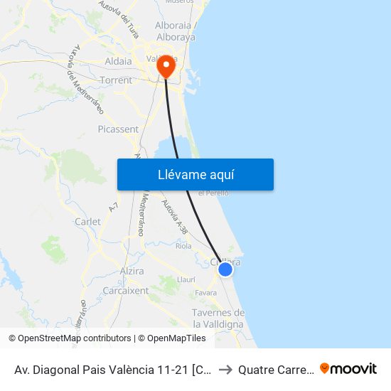 Av. Diagonal Pais València 11-21 [Cullera] to Quatre Carreres map