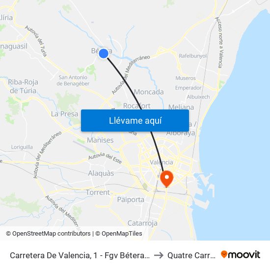 Carretera De Valencia, 1 - Fgv Bétera [Bétera] to Quatre Carreres map