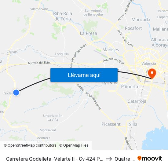 Carretera Godelleta -Velarte II - Cv-424 Pk 10+600 Descendente [Godelleta] to Quatre Carreres map