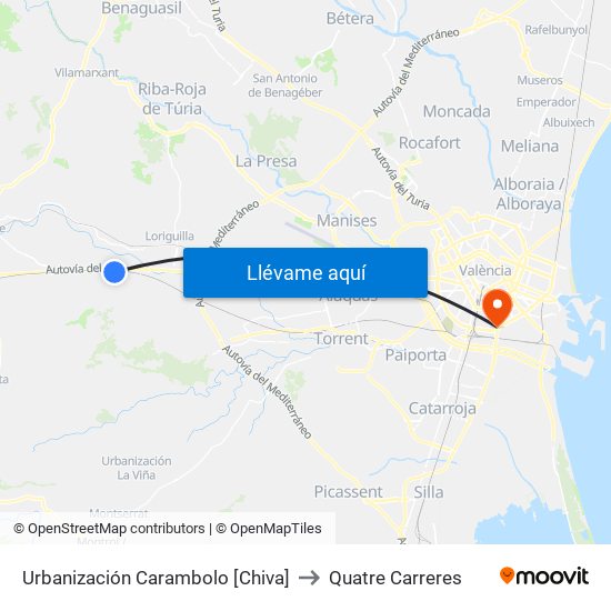Urbanización Carambolo [Chiva] to Quatre Carreres map