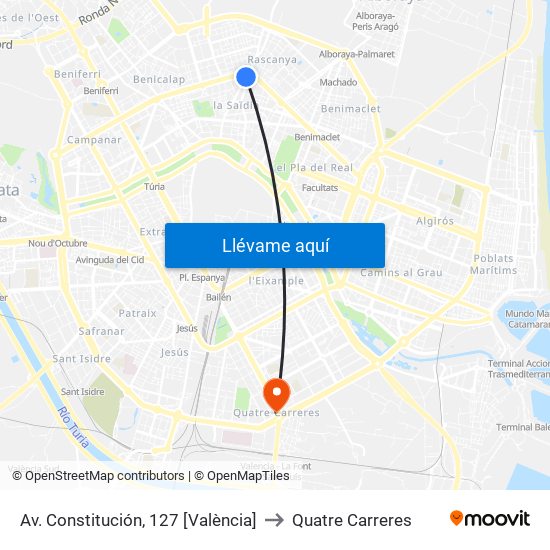 Av. Constitución, 127 [València] to Quatre Carreres map