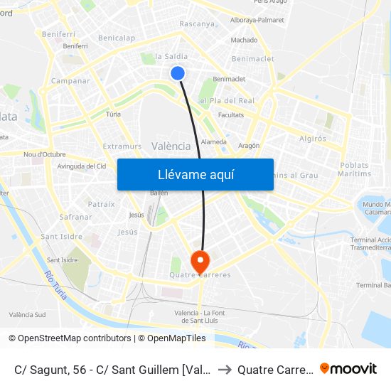 C/ Sagunt, 56 - C/ Sant Guillem [València] to Quatre Carreres map