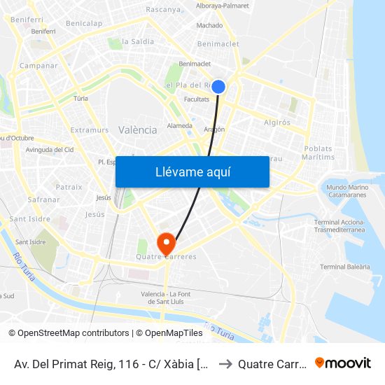 Av. Del Primat Reig, 116 - C/ Xàbia [València] to Quatre Carreres map