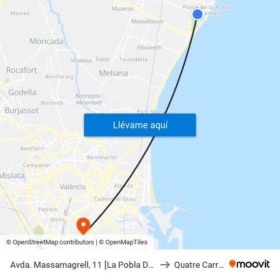 Avda. Massamagrell, 11 [La Pobla De Farnals] to Quatre Carreres map