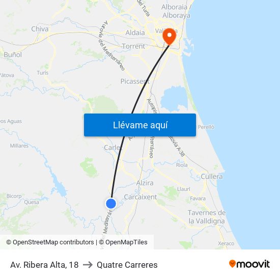 Av. Ribera Alta, 18 to Quatre Carreres map