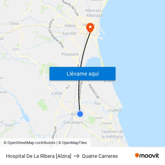 Hospital De La Ribera [Alzira] to Quatre Carreres map