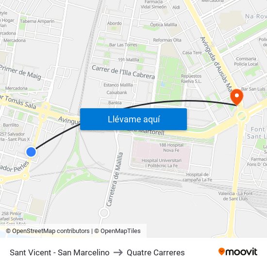 Sant Vicent  - San Marcelino to Quatre Carreres map