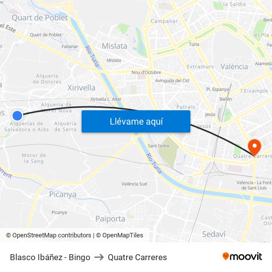 Blasco Ibáñez - Bingo to Quatre Carreres map