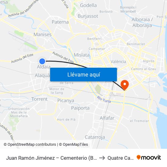 Juan Ramón Jiménez – Cementerio (B. Cristo) [Aldaia] to Quatre Carreres map