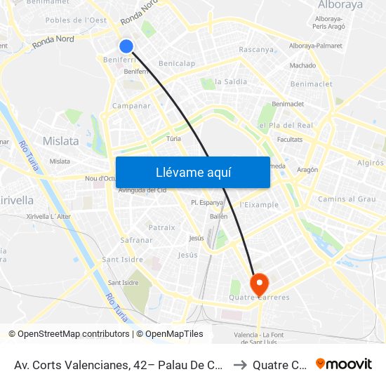 Av. Corts Valencianes, 42– Palau De Congressos [València] to Quatre Carreres map