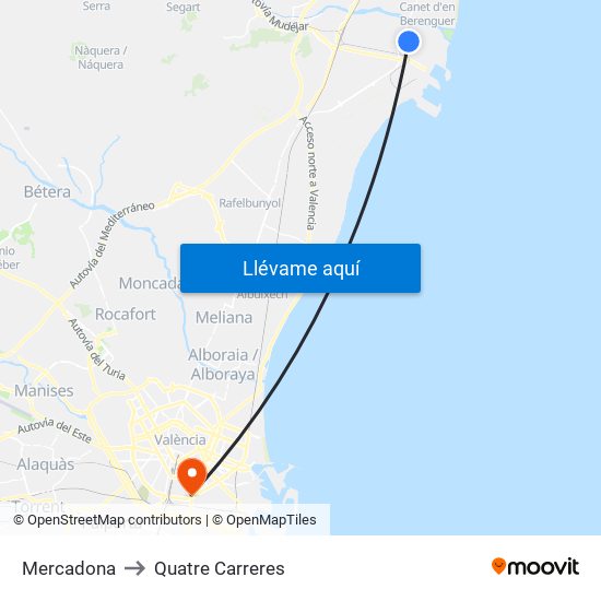 Mercadona to Quatre Carreres map