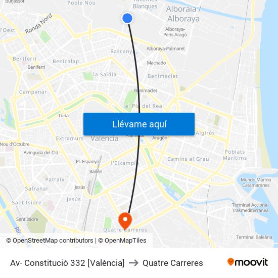 Av- Constitució 332 [València] to Quatre Carreres map