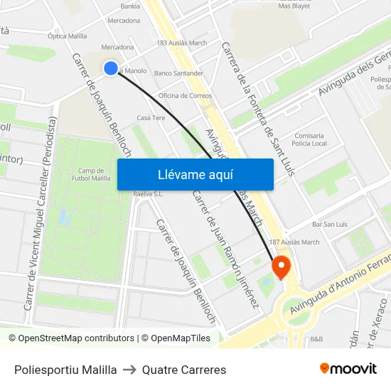 Poliesportiu Malilla to Quatre Carreres map