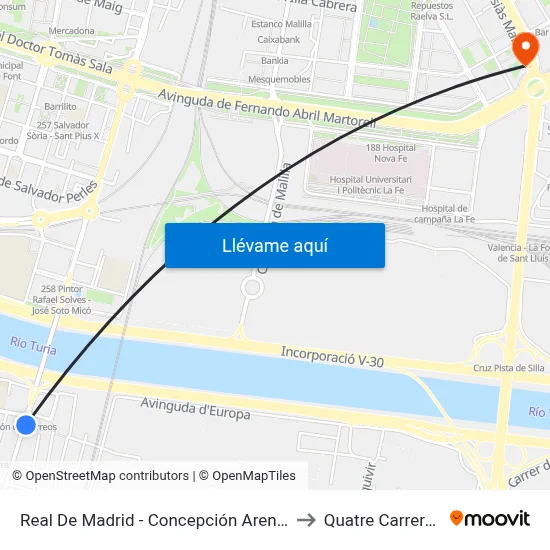 Real De Madrid - Concepción Arenal to Quatre Carreres map