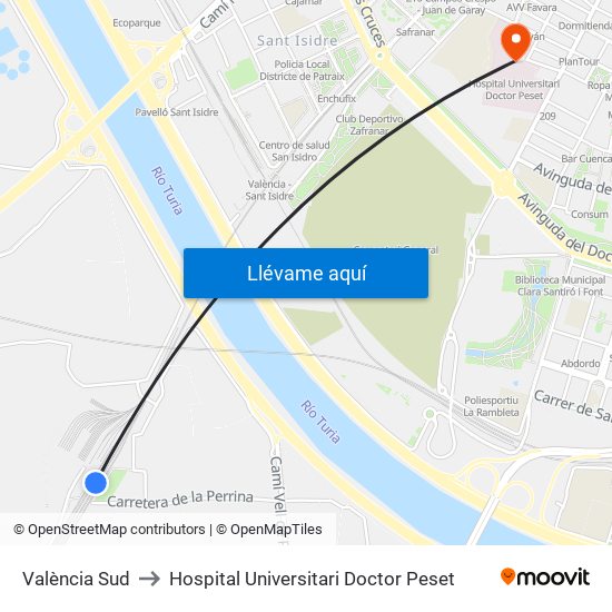 València Sud to Hospital Universitari Doctor Peset map
