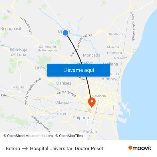 Bétera to Hospital Universitari Doctor Peset map