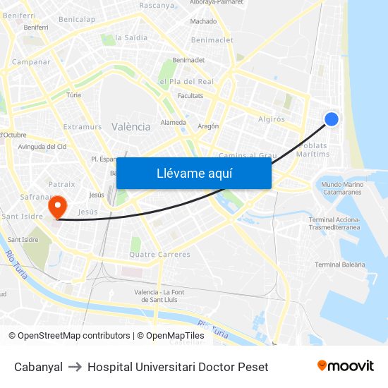 Cabanyal to Hospital Universitari Doctor Peset map
